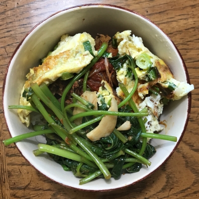 Slow-cooked pork shoulder, yam leaves, egg with spring onions and white rice